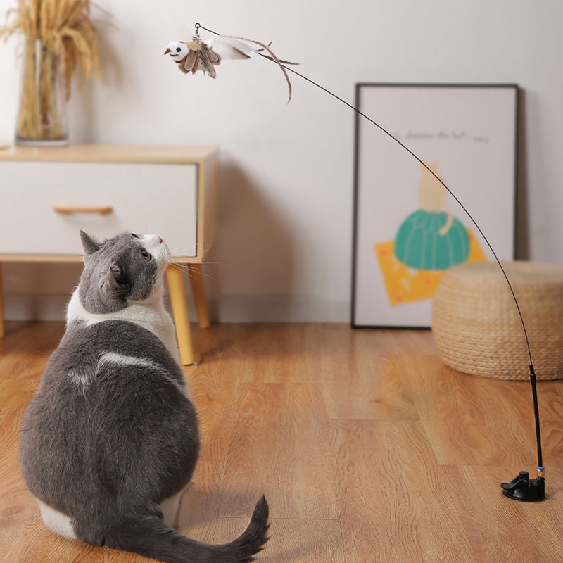 hands-free wire feather cat toy – suction cup teaser wand with flexible steel wire
