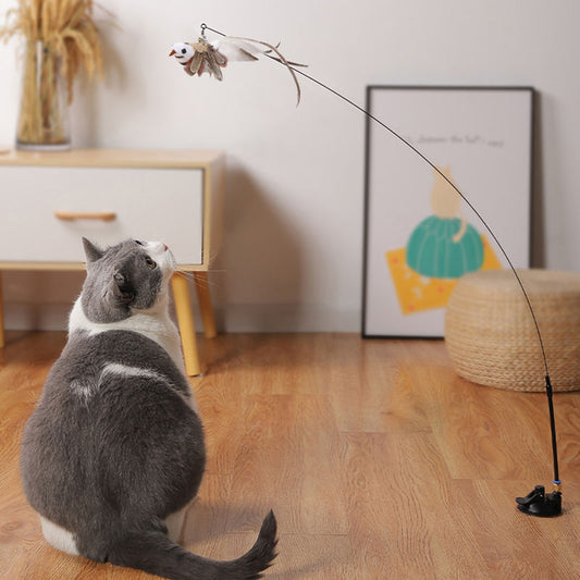Hands-Free Wire Feather Cat Toy – Suction Cup Teaser Wand with Flexible Steel Wire